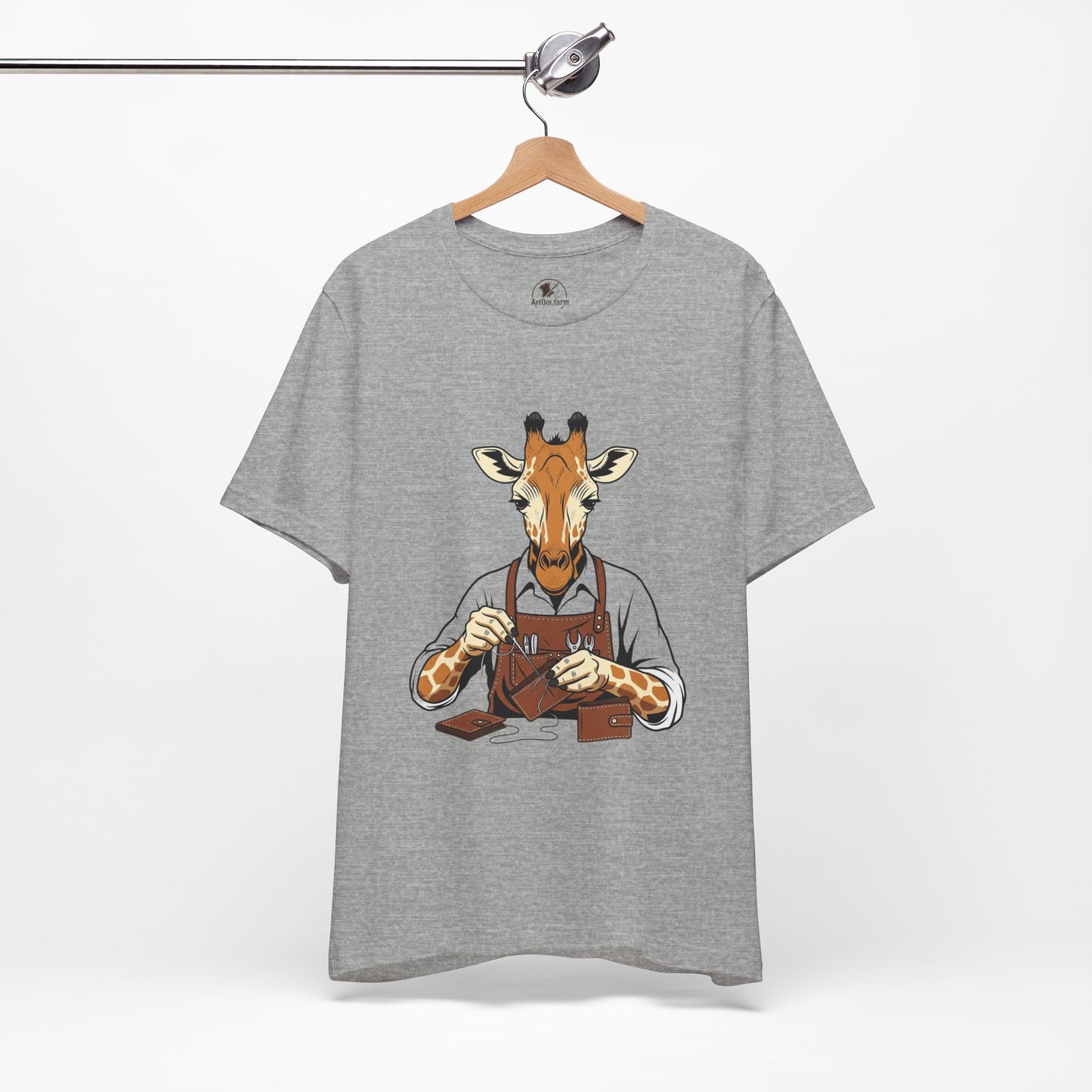 Giraffe Tailor Tee - Unique Animal Lover Shirt, Funny Short Sleeve T-Shirt for Creatives, Quirky Art Casual Wear - ArtOm_farm™ LEATHER