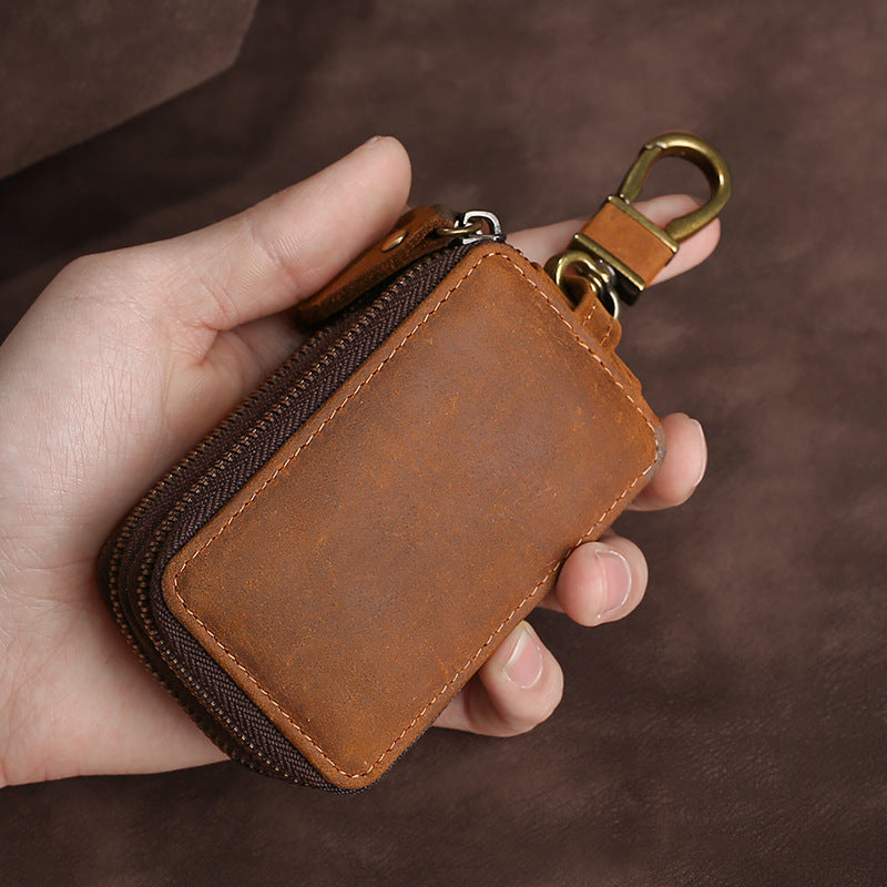 Crazy Horse Car Key Holder with Zipper for Ultimate Security - ArtOm_farm™ LEATHER