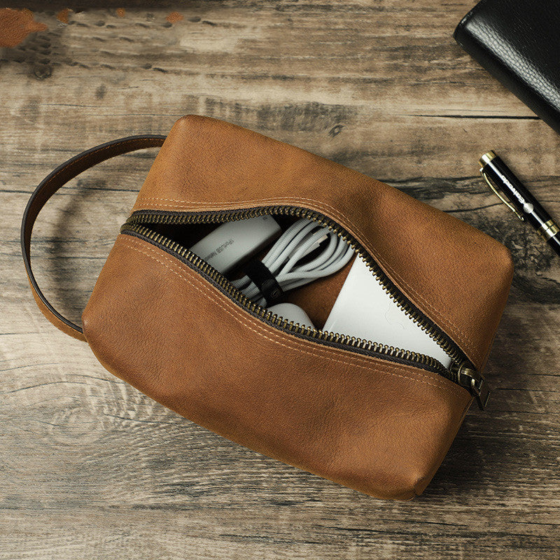 Crazy Horse Leather Zipper Bag for Digital Accessories Handheld Storage - ArtOm_farm™ LEATHER