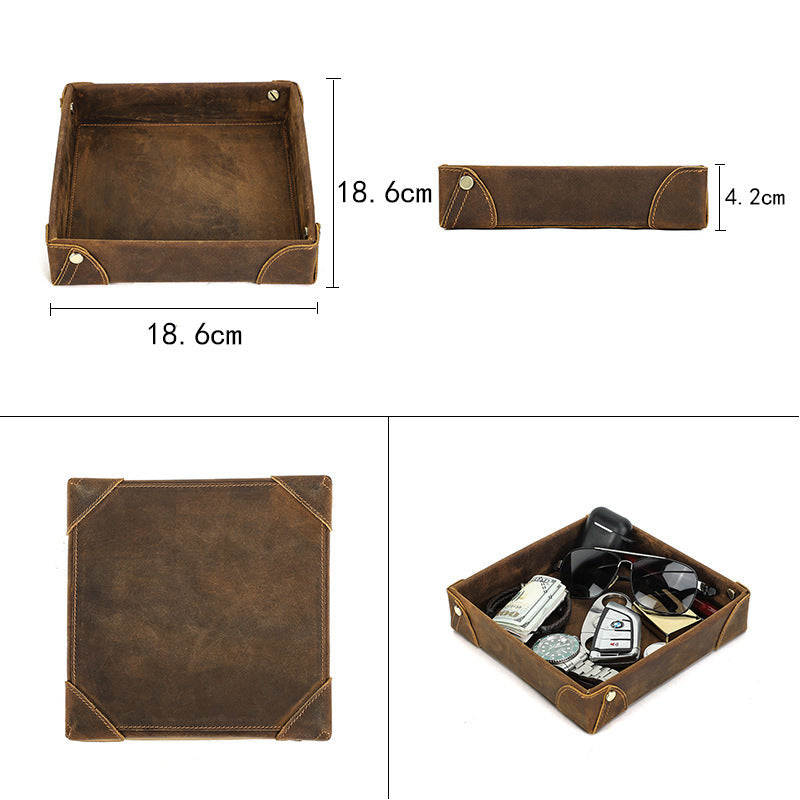 Handmade Leather Storage Box - Vintage Crazy Horse Leather Square Tray for Sundries - ArtOm_farm™ LEATHER