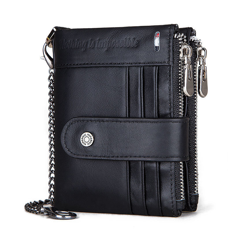 Black leather wallet with chain on a white background