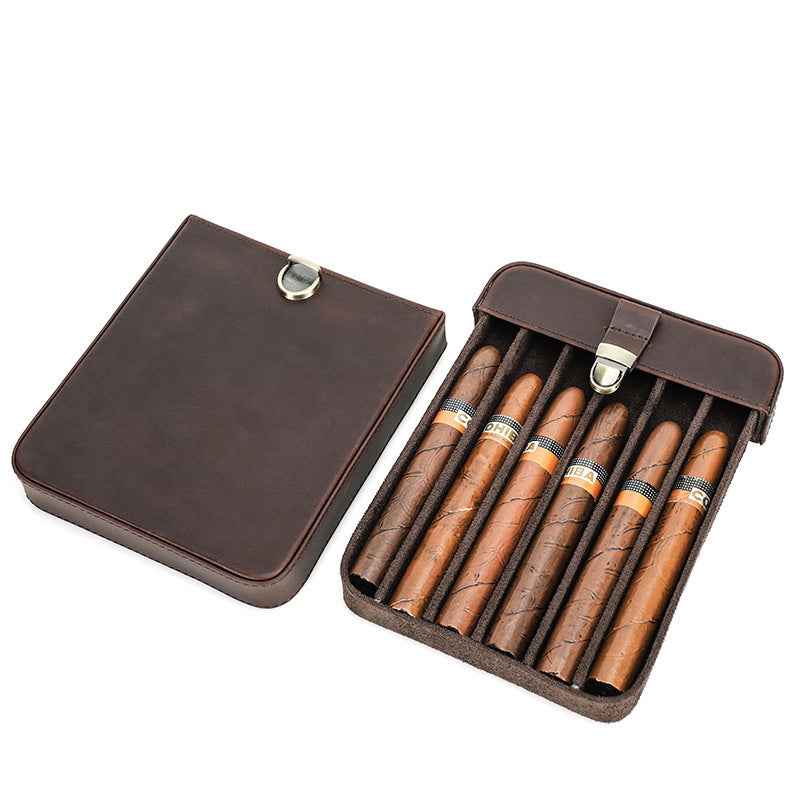 Retro Leather Cigar Humidor - Handmade Crazy Horse Leather for 6 Cigars