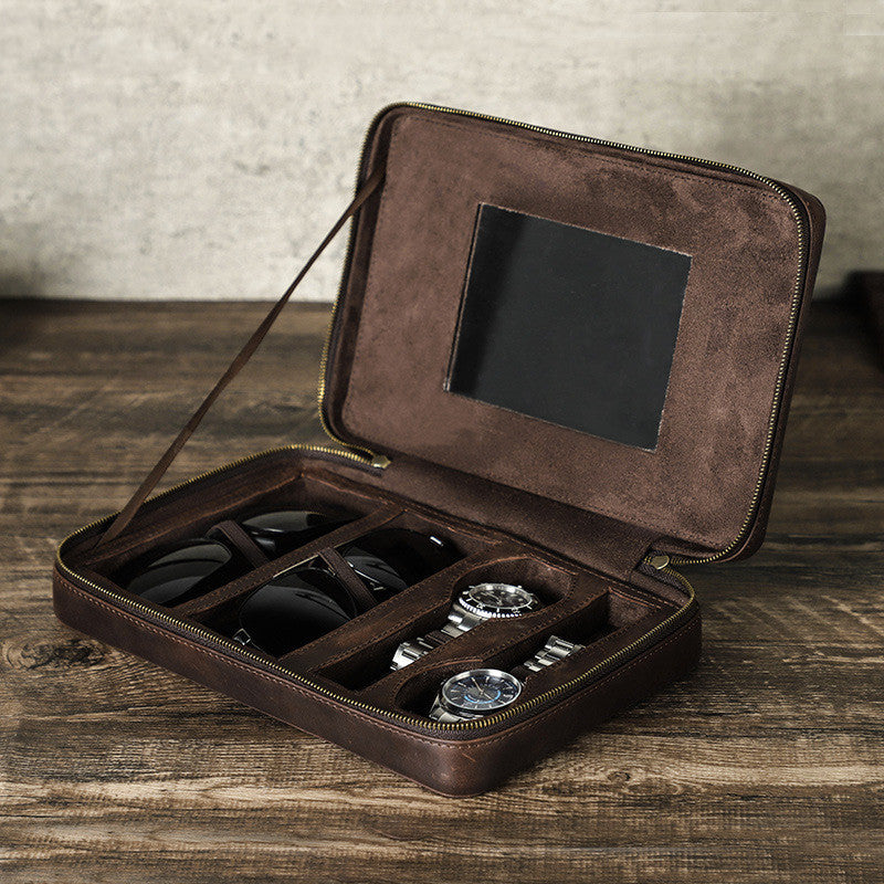 Handmade Leather Travel Storage Box - Portable Multifunctional Zipper Crazy Horse Leather Design - ArtOm_farm™ LEATHER