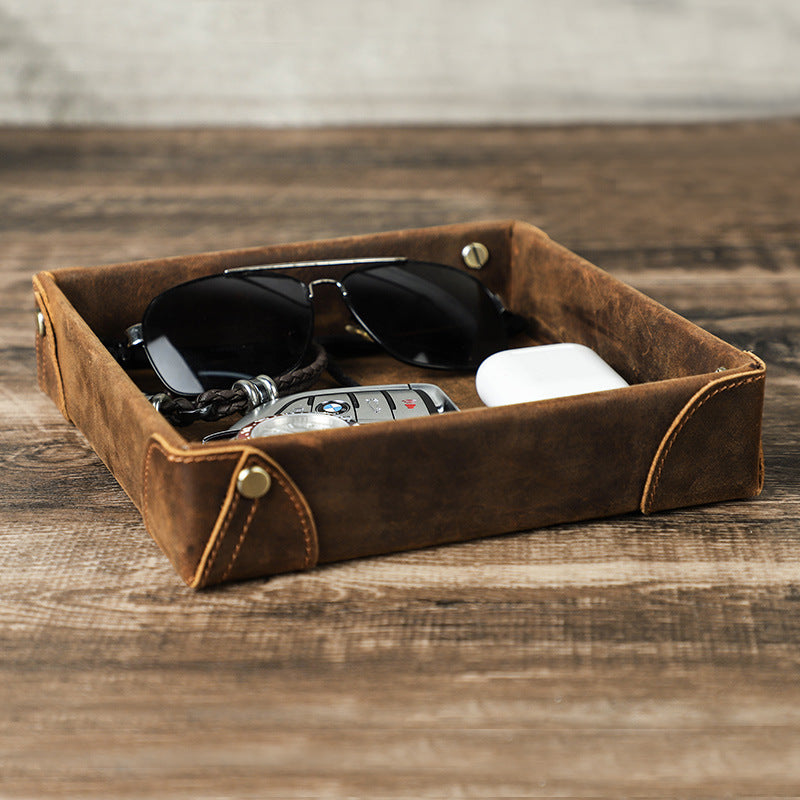 Handmade Leather Storage Box - Vintage Crazy Horse Leather Square Tray for Sundries - ArtOm_farm™ LEATHER