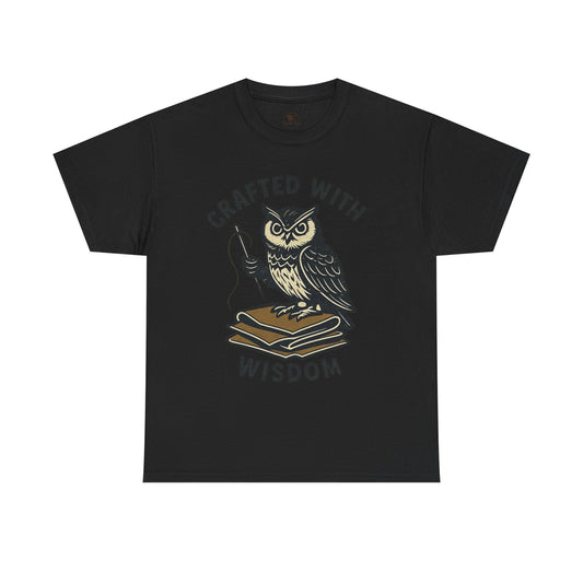 Crafted with Wisdom Owl Graphic Tee - Unisex Heavy Cotton Shirt for Book Lovers and Writers - ArtOm_farm™ LEATHER