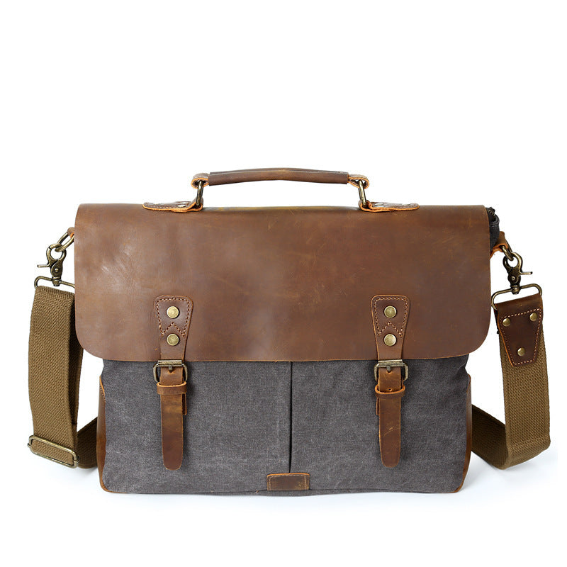 Source Point Men's Canvas Messenger Bag with Crazy Horse Leather - Retro Computer Shoulder Bag - ArtOm_farm™ LEATHER