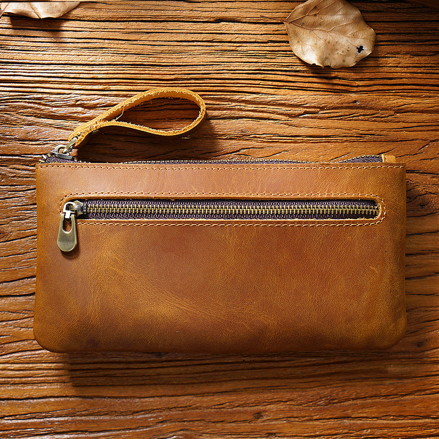 Retro Leather Zipped Pencil Bag - Crazy Horse Leather Creative Portable Hand Grip Buggy Bag - ArtOm_farm™ LEATHER