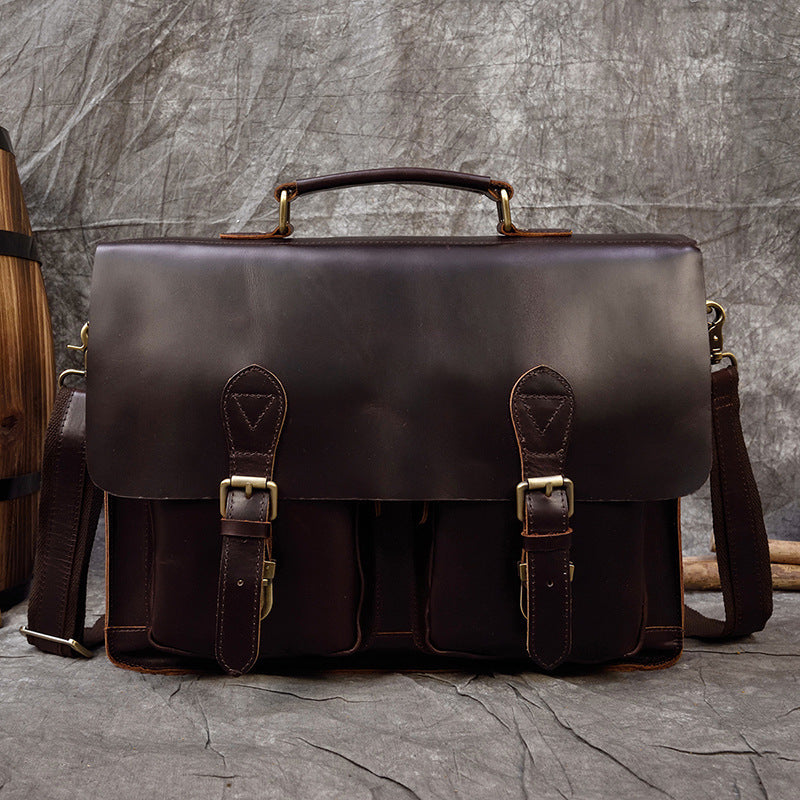Men's Leather Briefcase - Retro Crazy Horse Leather Messenger Bag for Computers - ArtOm_farm™ LEATHER