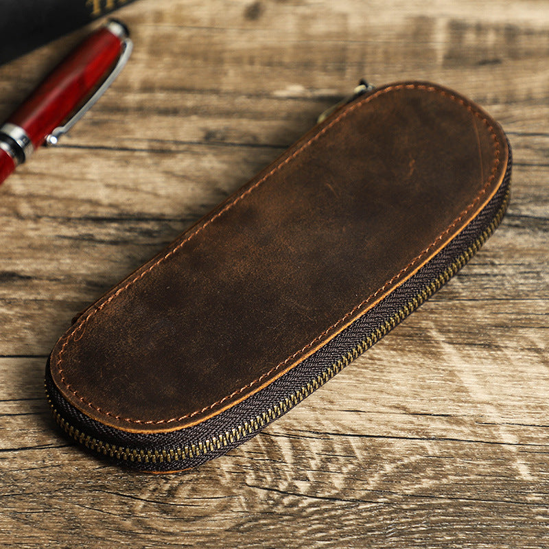 Vintage Leather Zipper Storage Box - Handmade Crazy Horse Leather Oval Design - ArtOm_farm™ LEATHER