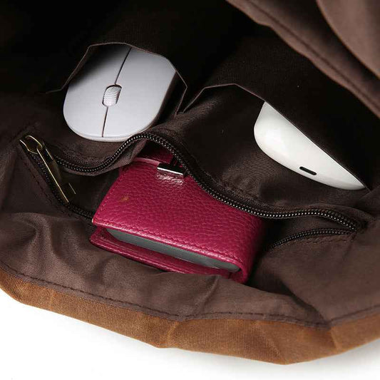 Retro Leather Canvas Backpack - Waterproof Crazy Horse Leather Large Capacity