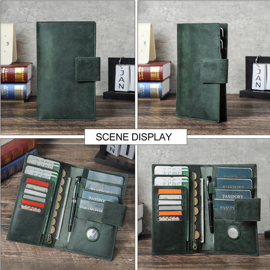 Green leather travel organizer with multiple compartments on a wooden surface.