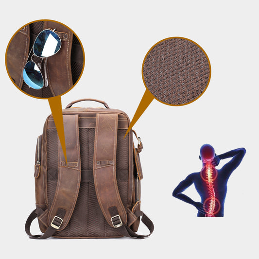 Brown leather backpack with details on material and comfort, on a light gray background.