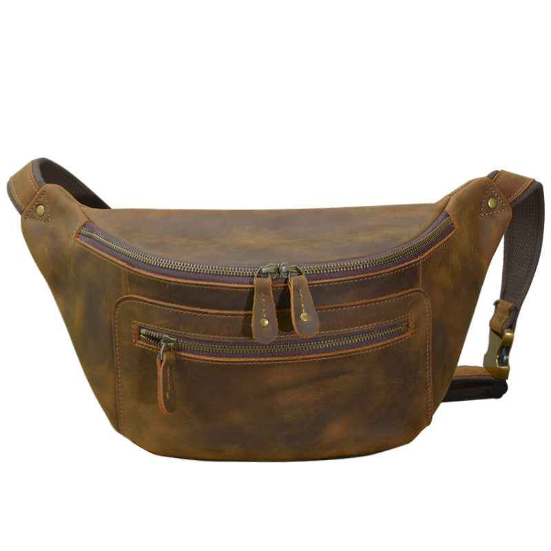 Retro Leather Large Chest Bag - Distressed Men's Crazy Horse Leather Design