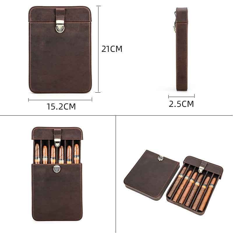 Retro Leather Cigar Humidor - Handmade Crazy Horse Leather for 6 Cigars