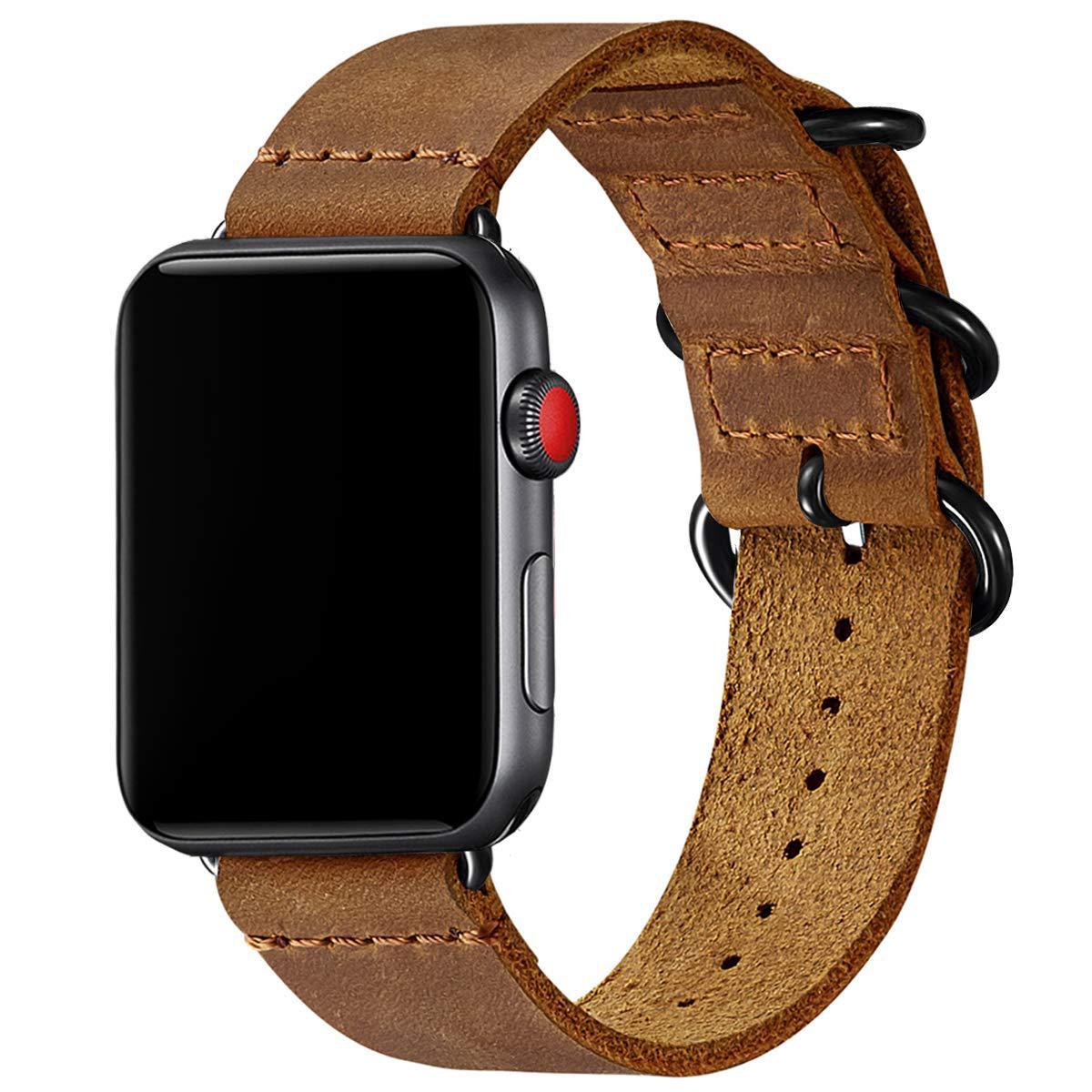 Smartwatch with a brown leather strap on a white background