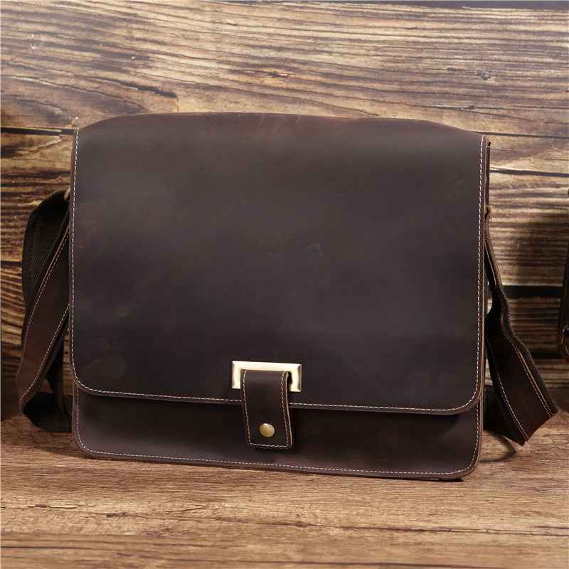 Men's Retro Leather Messenger Bag in Genuine Crazy Horse Leather
