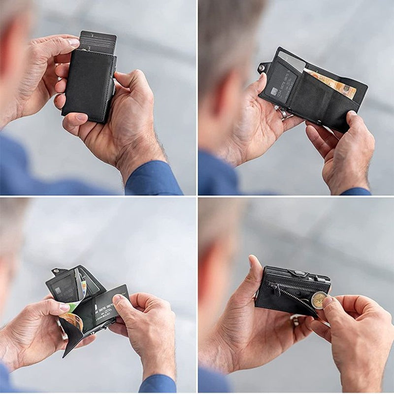 Collage of a person opening a black wallet to show its contents against a neutral background.