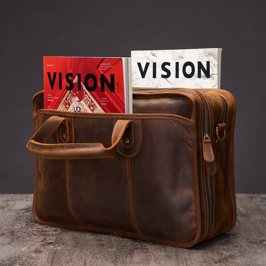 Large Capacity Leather Briefcase for Men - Retro Crazy Horse Design - ArtOm_farm™ LEATHER