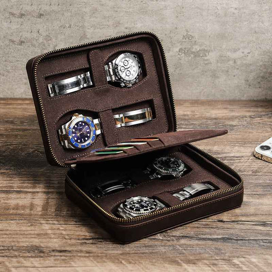 Vintage Leather Watch Organizer - Crazy Horse Leather Watch Storage Box