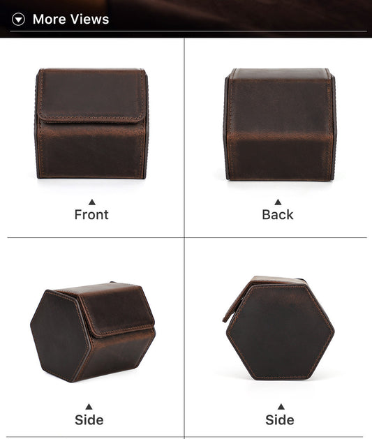 Brown leather pouch shown from front, back, side, and hexagonal angles on a white background.