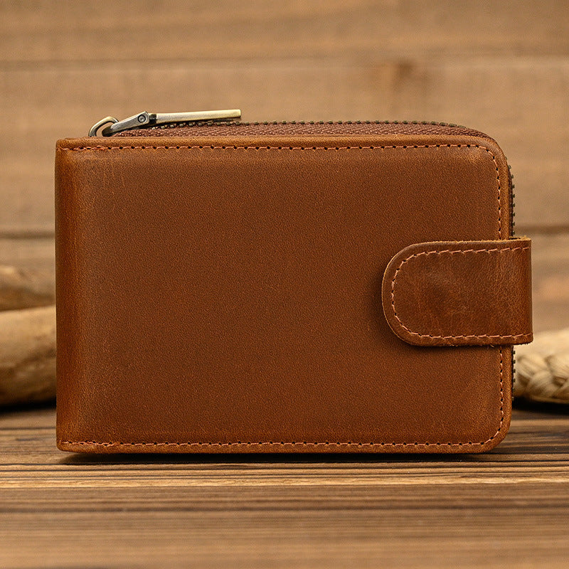 Men's Crazy Horse Leather Wallet - Short Zipper Design - ArtOm_farm™ LEATHER