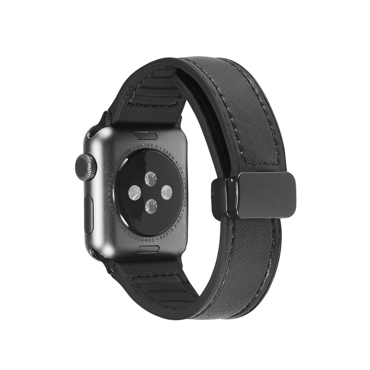 Smartwatch with a black leather strap on a white background