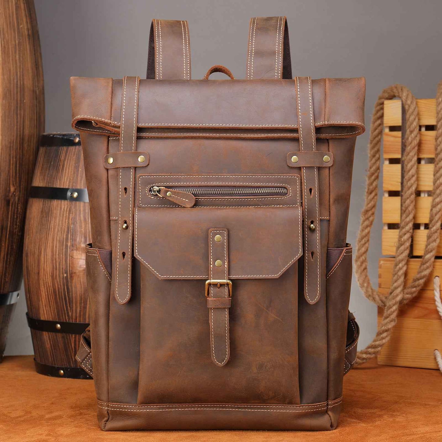 Retro Leather Backpack for Men - Vintage Crazy Horse Genuine Leather Travel Laptop Bag