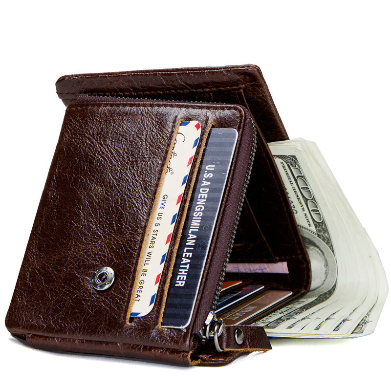 Brown leather wallet with money and cards on a white background