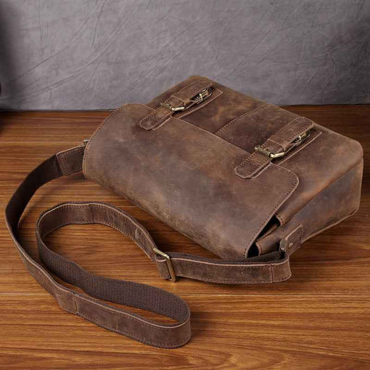 Men's Crazy Horse Leather Messenger Bag - Top Layer Cowhide Design