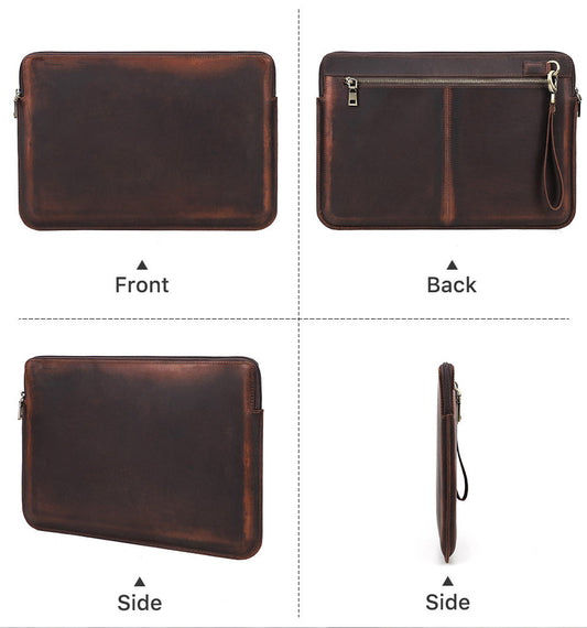 Retro Leather Computer Bag - Crazy Horse Leather Notebook Zipper Case - ArtOm_farm™ LEATHER