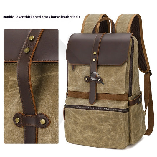 Backpack with brown leather straps and accents on a white background