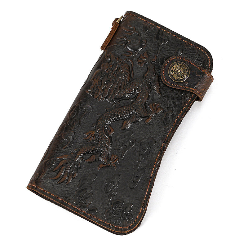 Brown leather wallet with embossed designs on a white background