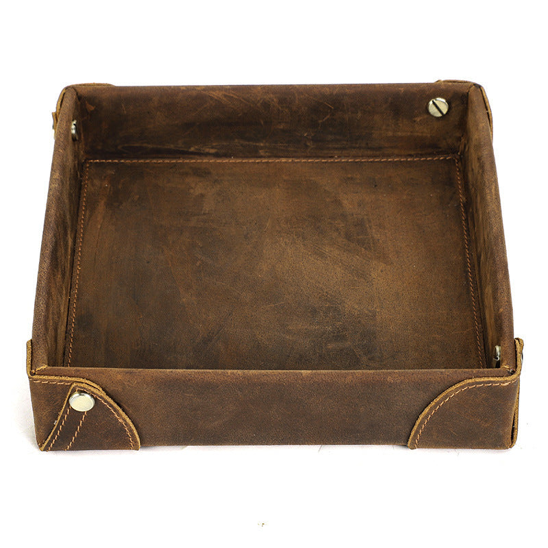 Handmade Leather Storage Box - Vintage Crazy Horse Leather Square Tray for Sundries - ArtOm_farm™ LEATHER