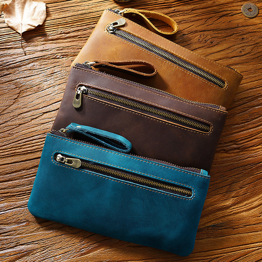 Retro Leather Zipped Pencil Bag - Crazy Horse Leather Creative Portable Hand Grip Buggy Bag - ArtOm_farm™ LEATHER