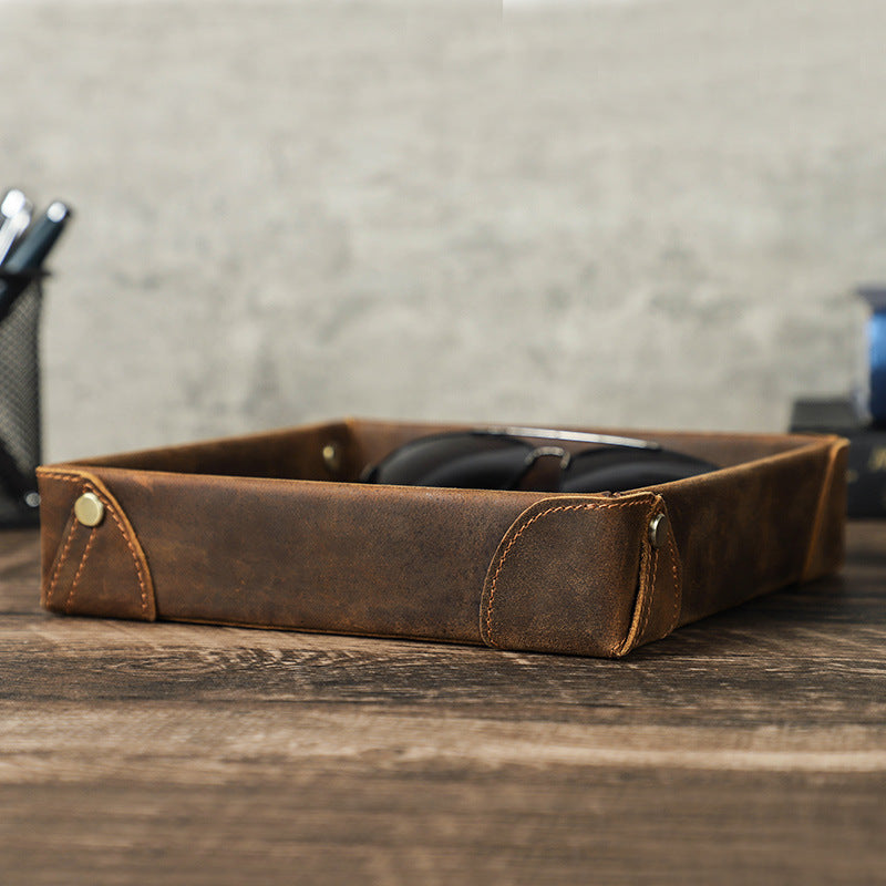 Handmade Leather Storage Box - Vintage Crazy Horse Leather Square Tray for Sundries - ArtOm_farm™ LEATHER