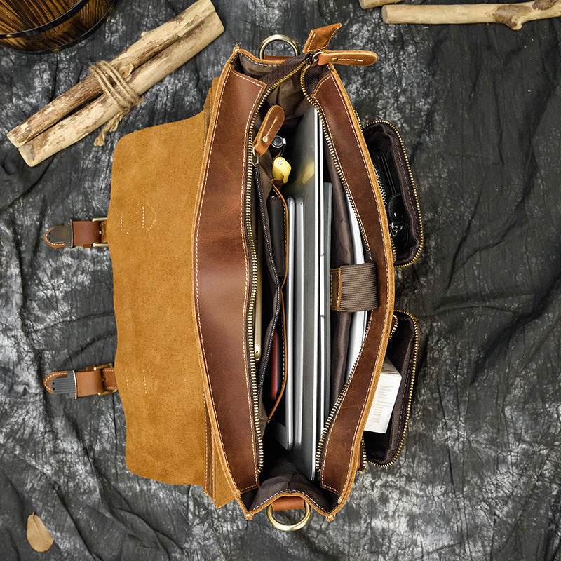 Men's Leather Briefcase - Retro Crazy Horse Leather Messenger Bag for Computers - ArtOm_farm™ LEATHER