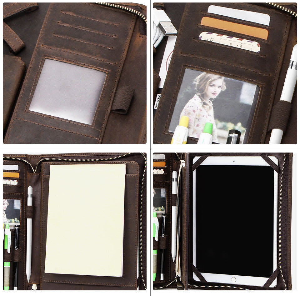 Collage of a brown leather organizer with compartments for photos, cards, and a tablet.