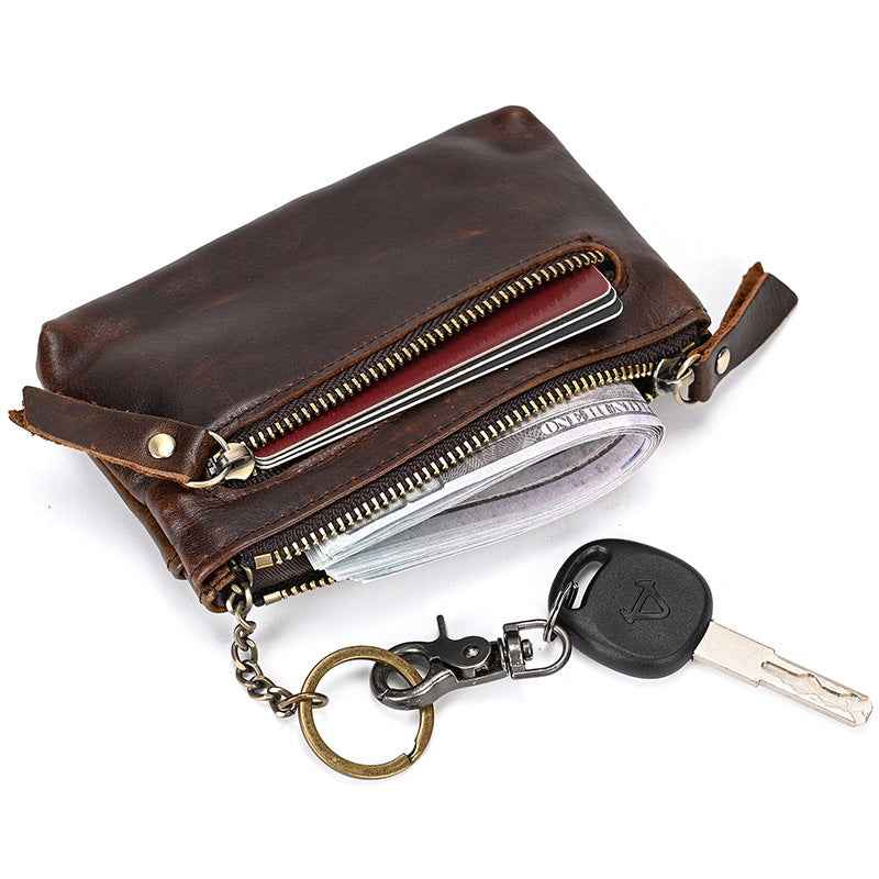Retro Leather Coin Purse with Crazy Horse Leather Key Ring for Stylish Organization