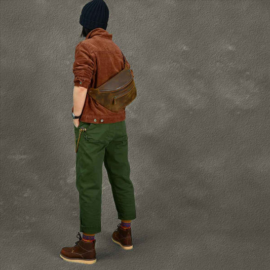 Retro Leather Large Chest Bag - Distressed Men's Crazy Horse Leather Design