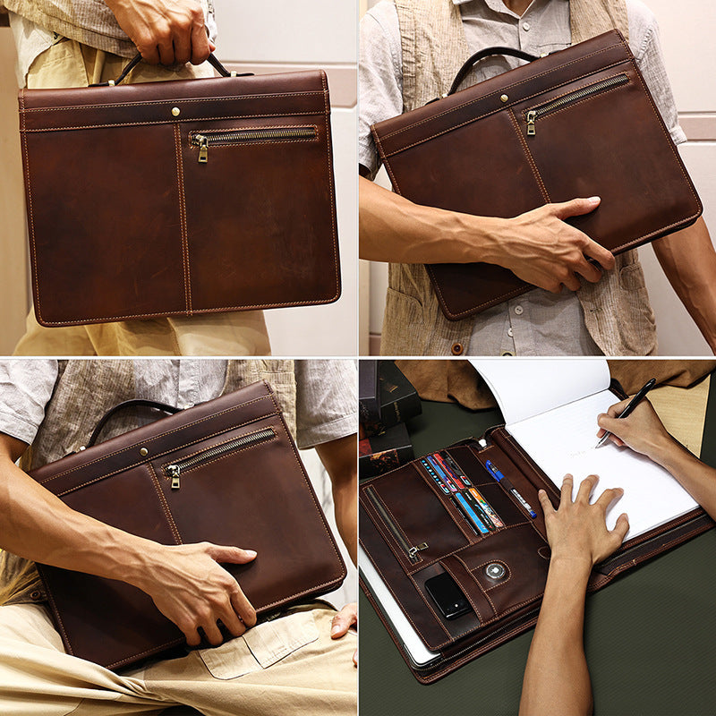 Brown leather briefcase held by a person, shown from different angles with a focus on its features.