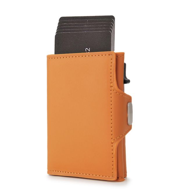 Orange cardholder with cards on a white background