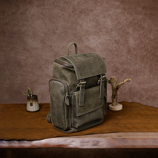 Vintage-style leather backpack on a wooden surface with a brown background