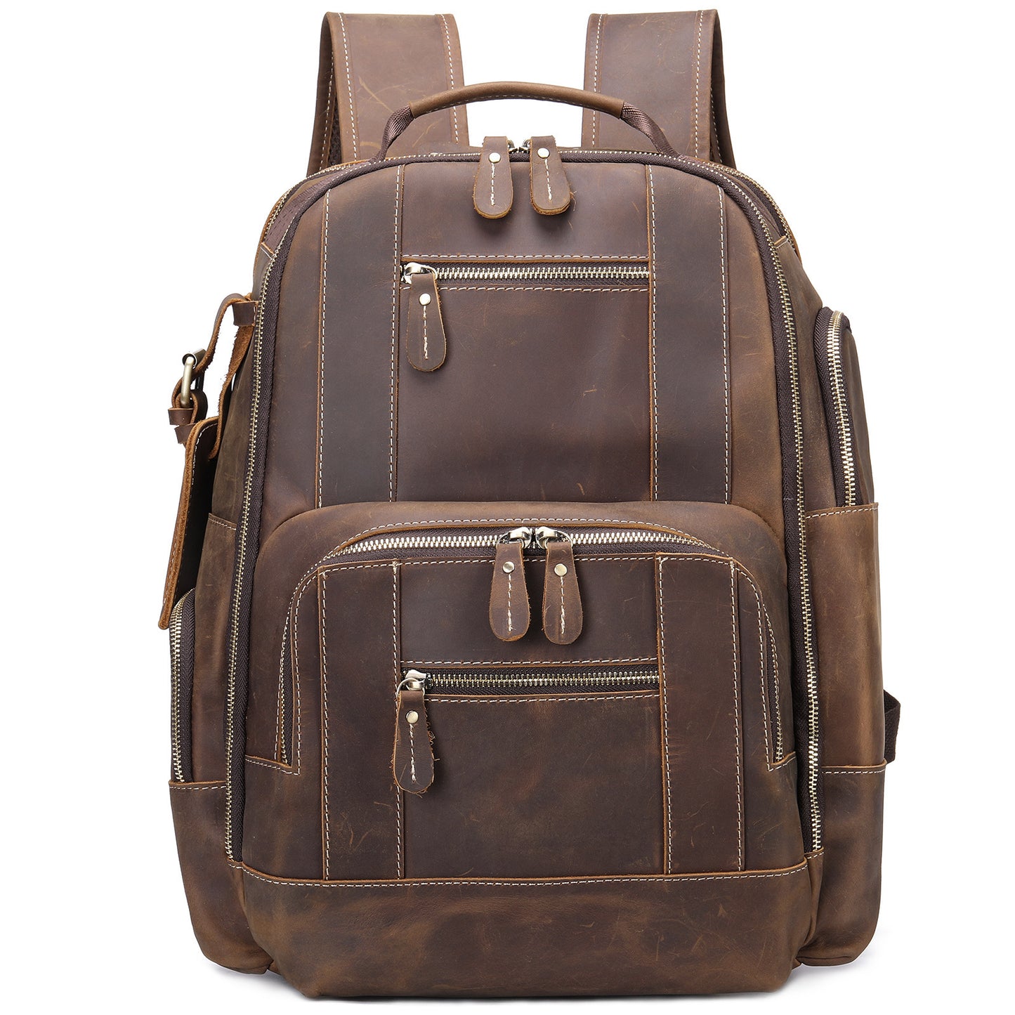 Brown leather backpack on a white background