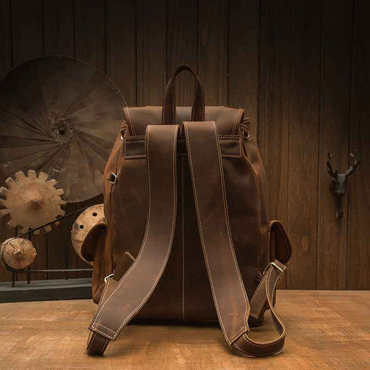 Retro-style Leather Backpack - Handmade Crazy Horse Leather Design for Timeless Style - ArtOm_farm™ LEATHER