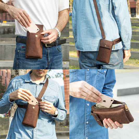 Retro Men's Phone Bag in Crazy Horse and Cow Leather - ArtOm_farm™ LEATHER