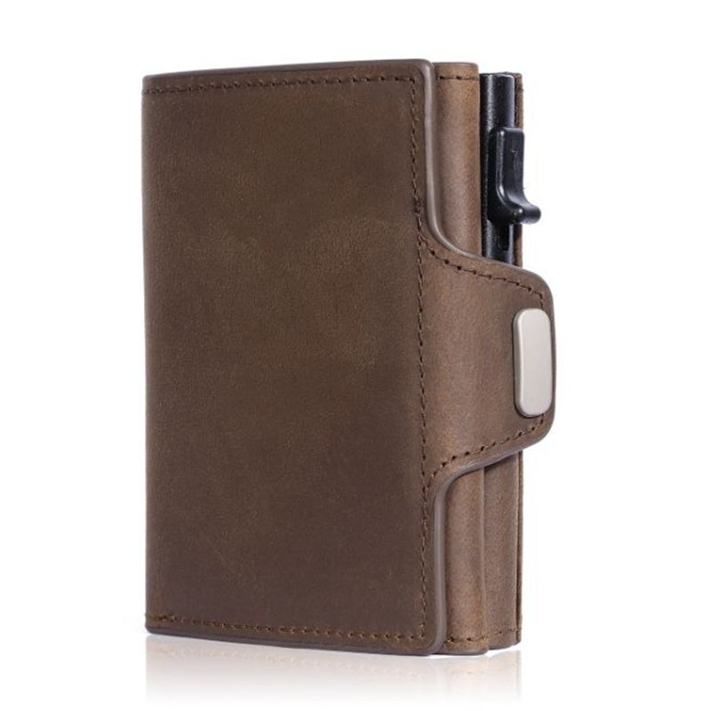Brown leather wallet with a card holder on a white background