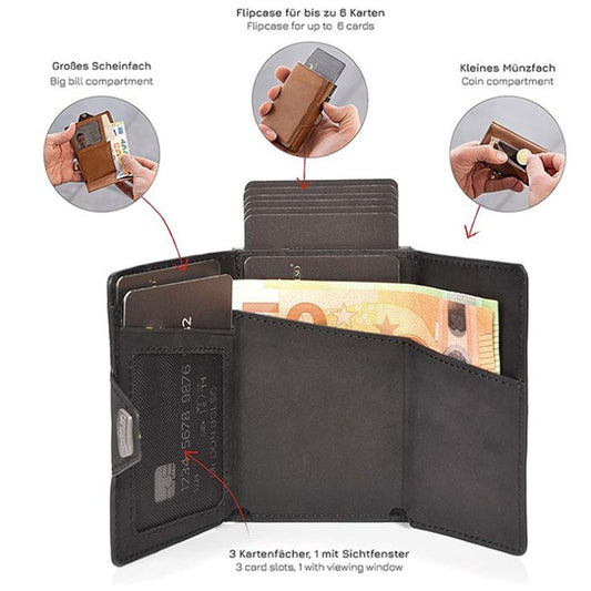 Black wallet with various compartments and card slots, showing functionality.