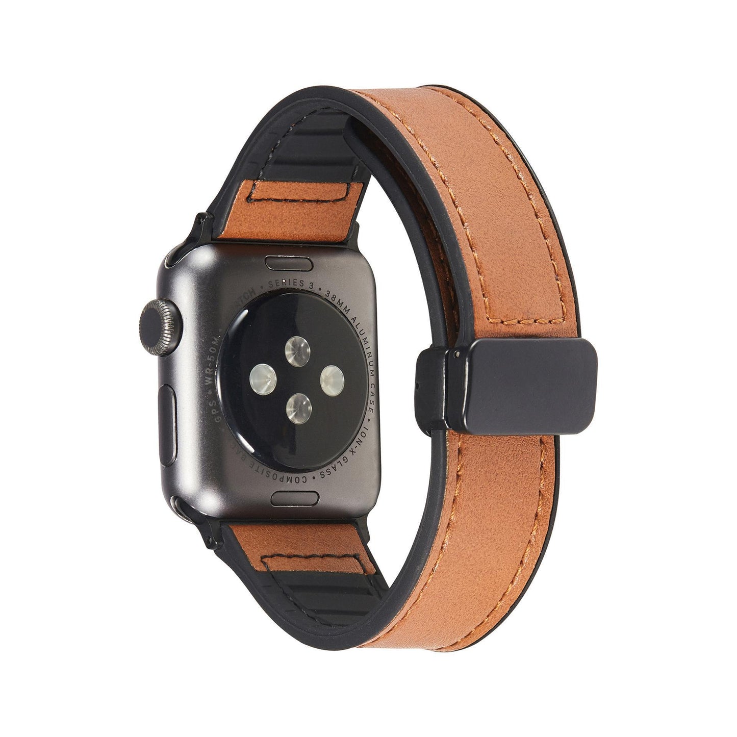 Smartwatch with a brown leather strap on a white background