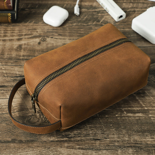 Crazy Horse Leather Zipper Bag for Digital Accessories Handheld Storage - ArtOm_farm™ LEATHER