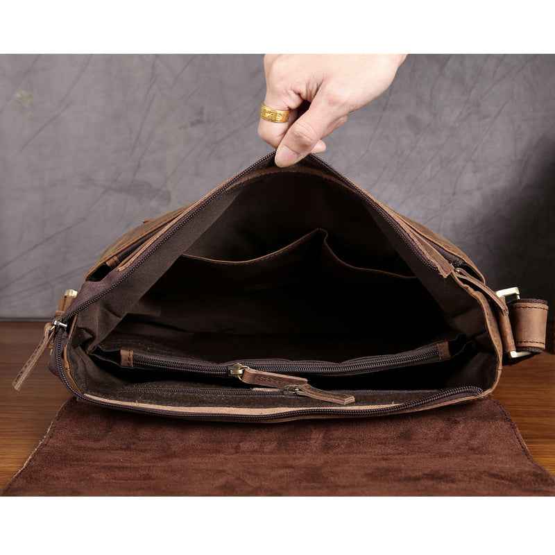 Men's Crazy Horse Leather Messenger Bag - Top Layer Cowhide Design